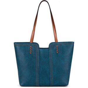 👑Women's Teal Blue Leather Classic Top Handle Zipper Pockets Casual Tote Bag